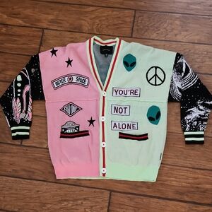 Spirit Jersey"Out Of This World" Alien Galaxy Women Medium Pink Green Cardigan